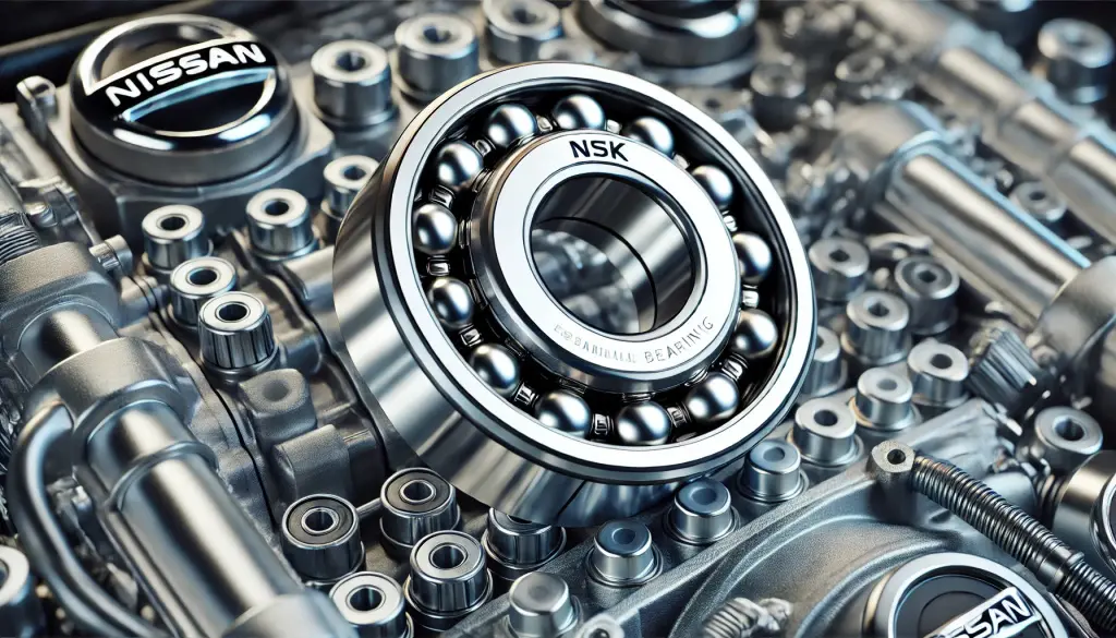 Professional macro photography of NSK automotive bearing, chrome steel ball bearing with ceramic elements, placed on modern Nissan car engine backgrou.jpg